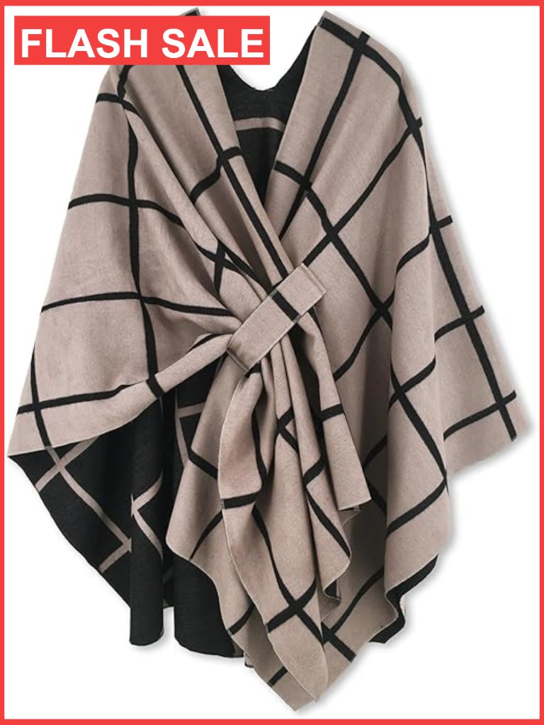 Womens Shawl Wrap Poncho Ruana Cape Cardigan Oversized Batwing Sleeve Plaid